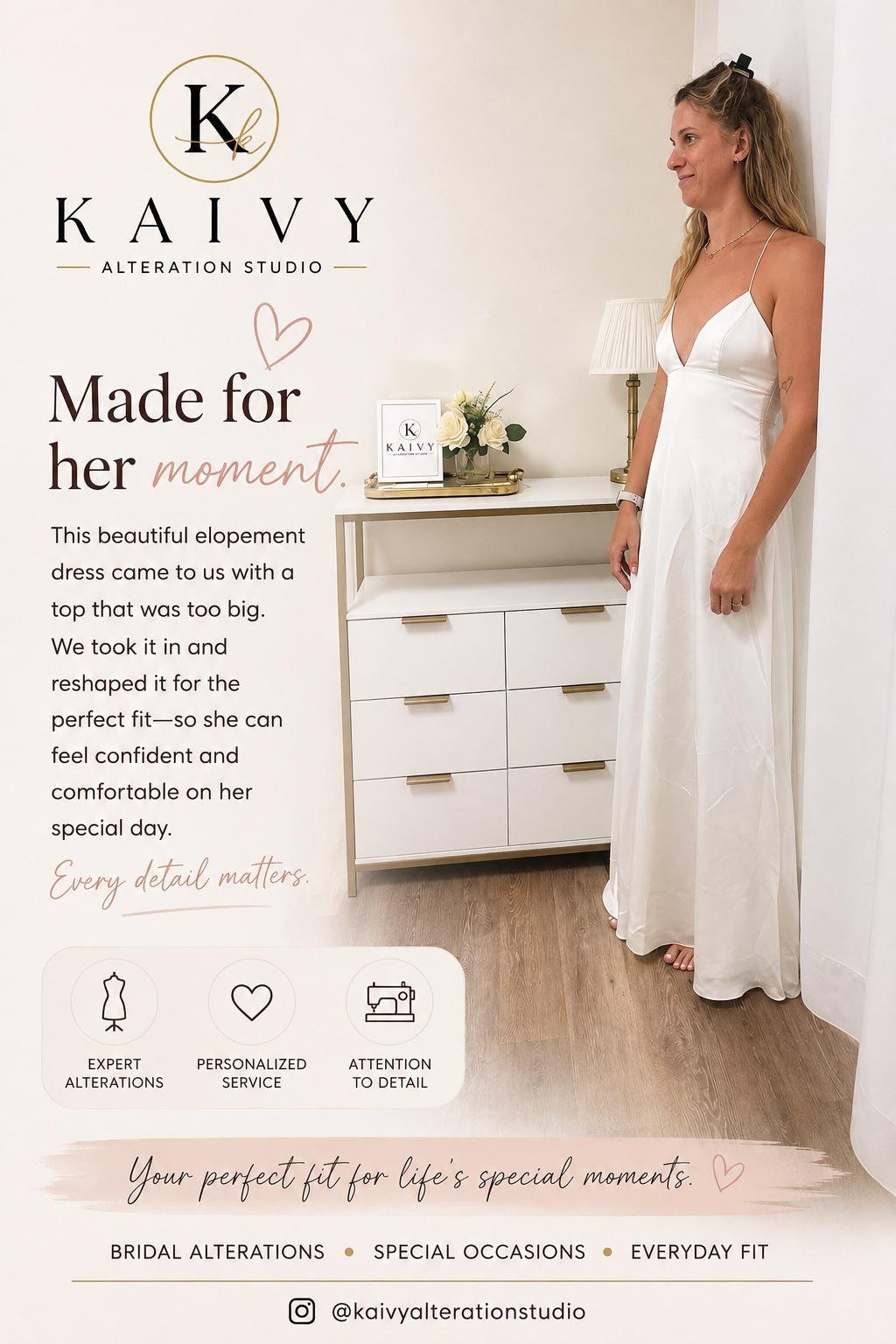 Kaivy Alteration Studio bridal couture care showcase featuring multiple fitted wedding gowns