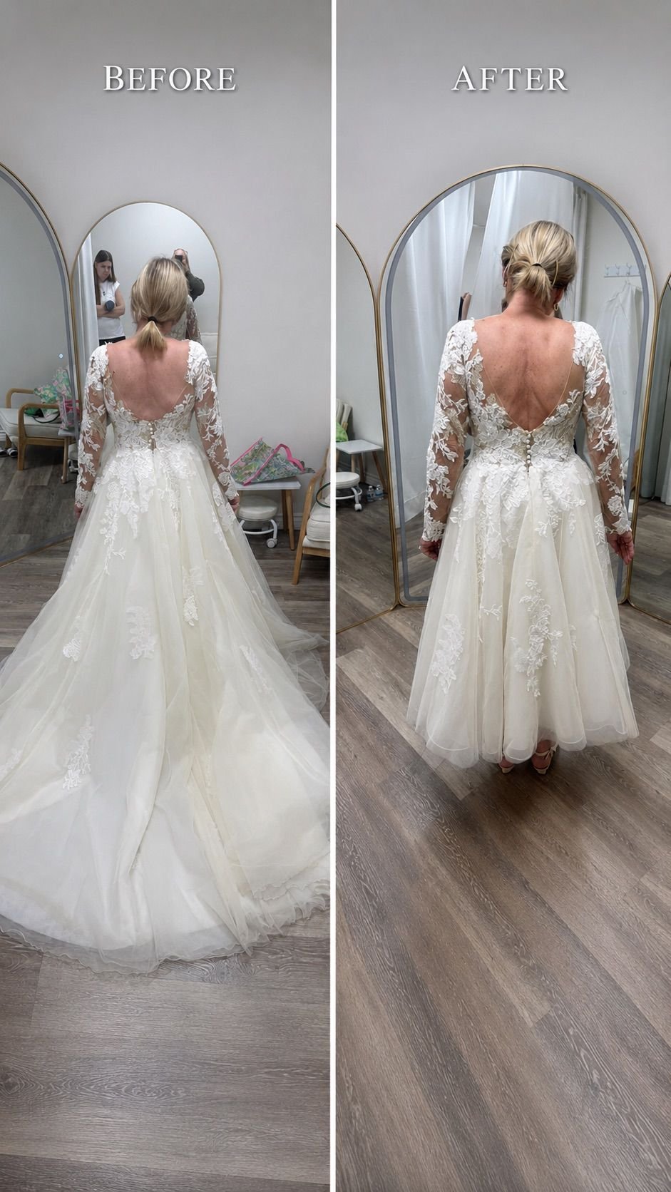 Before and after alteration of a long-sleeve lace wedding gown back at Kaivy Alteration Studio