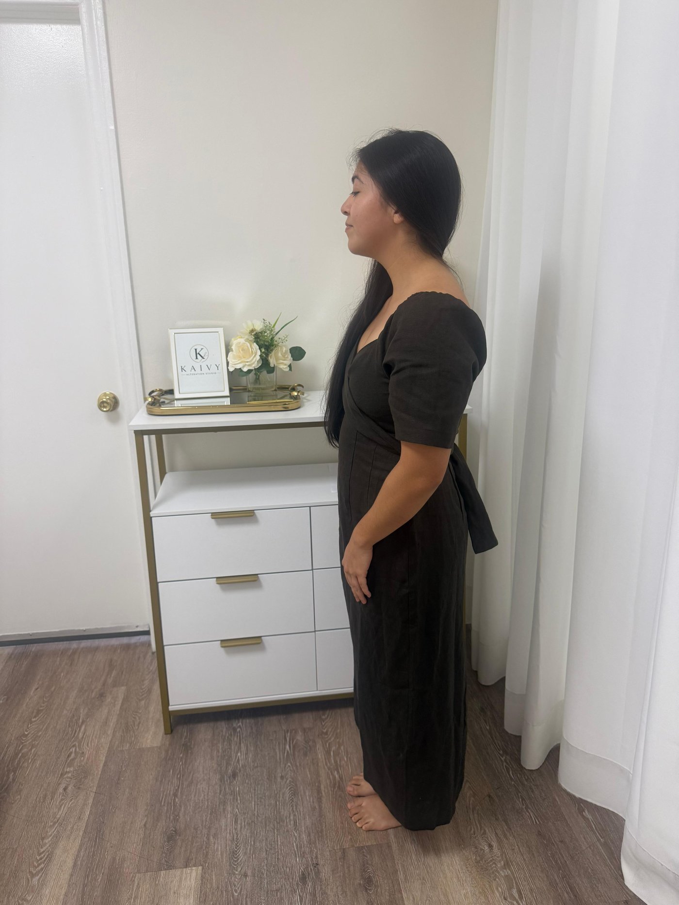 Brown midi dress altered for a clean, tailored fit
