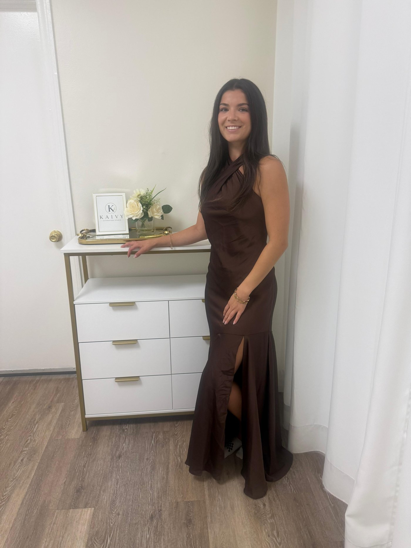 Brown satin halter evening gown altered for a flattering fit