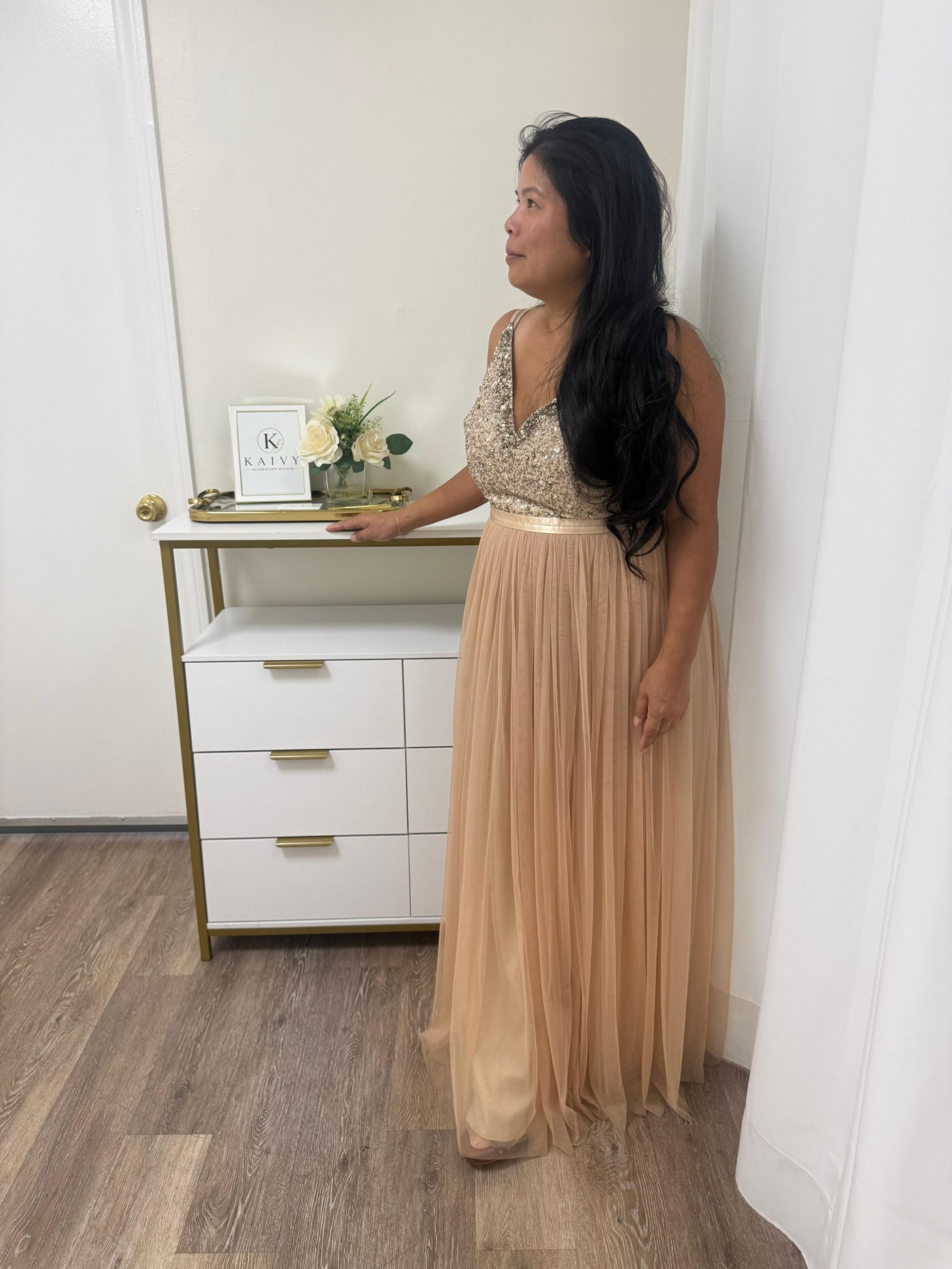 Elegantly tailored evening gown at Kaivy Alteration Studio
