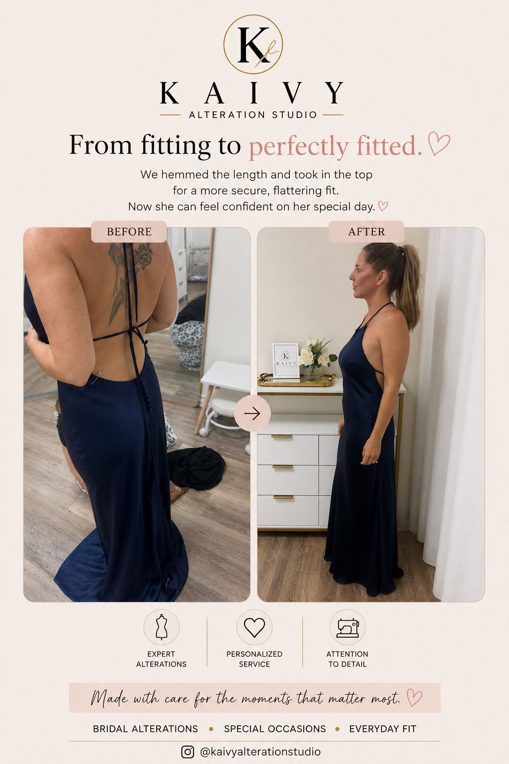 Before and after alteration of an evening dress for an improved fit