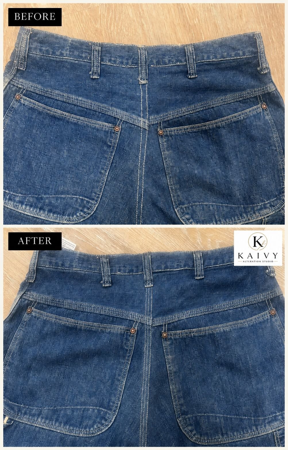 Before and after of jeans hemmed to the correct length with the original hem preserved