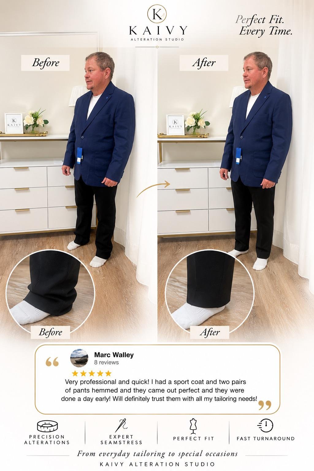 Before and after of a suit jacket taken in for a slimmer, tailored silhouette